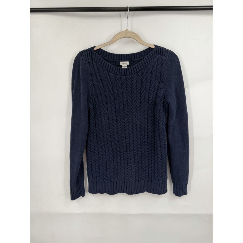 L.L.Bean Fisherman Cable Knit Sweater Women‎ M Navy 100% Cotton Y2K Preppy Coast